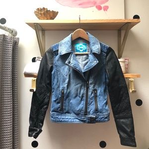 jean jacket with leather sleeves